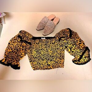 Free the Roses Leopard Print Lace Top Size M Smocked NWT Indie Sleeze Mobwife